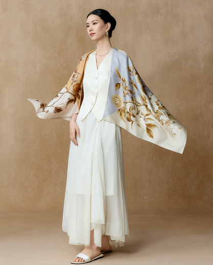 Whispering Petals Double-Sided Printed Mulberry Silk Twill Square Scarf